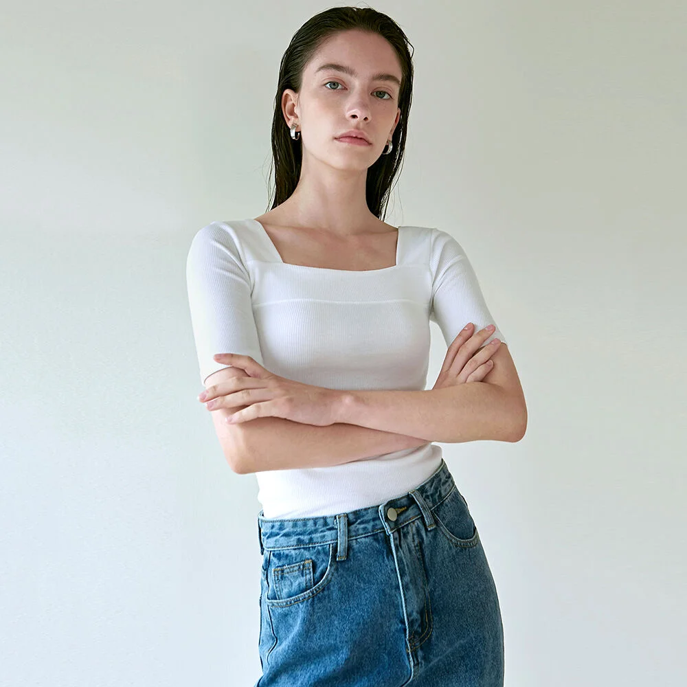 SQUARE NECK SLIM KNIT_WHITE