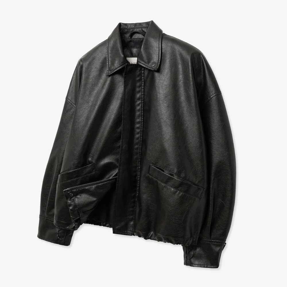 8249 水洗 皮革 寬鬆版型 短身外套 (BLACK)