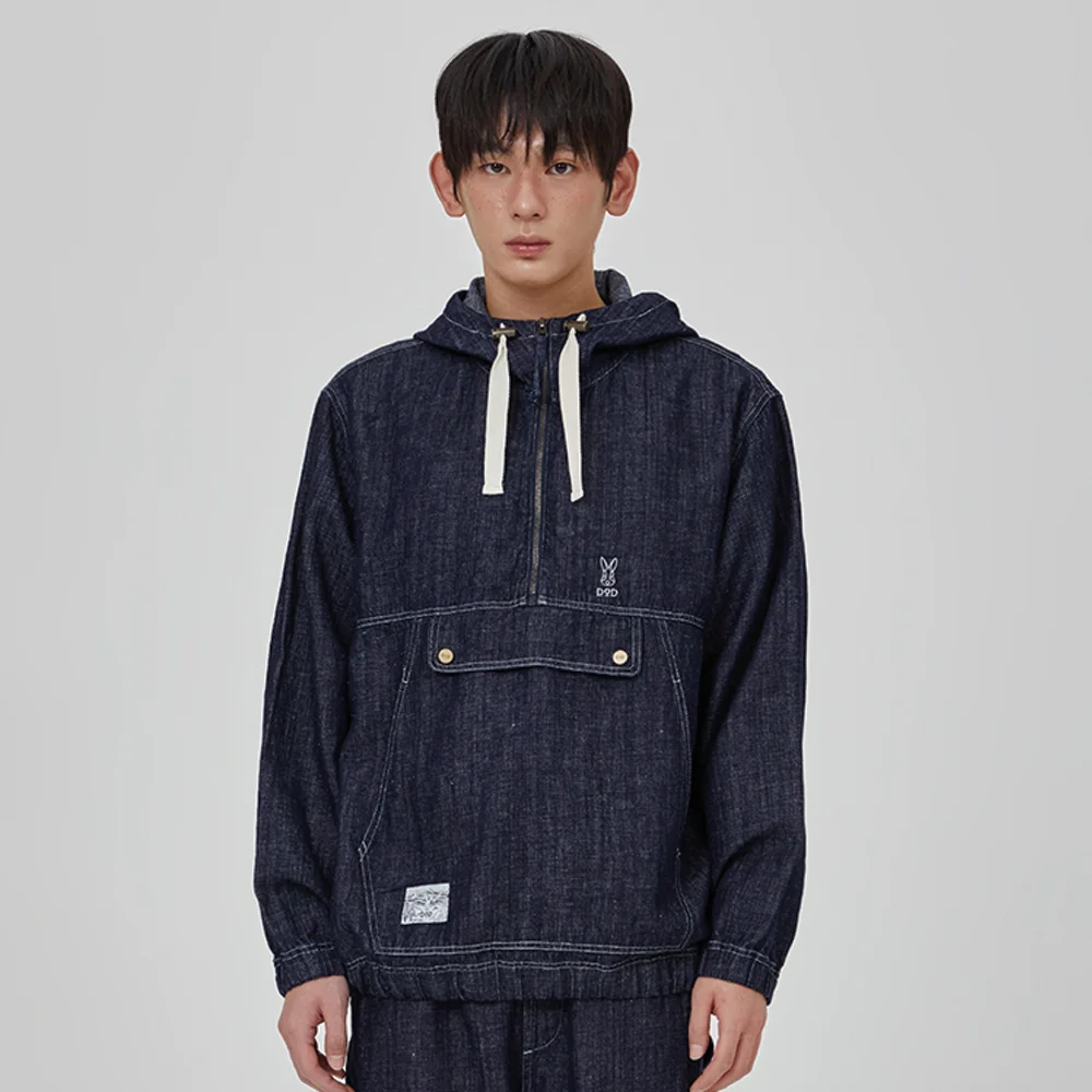 牛仔 亞麻 連帽衫 風褸(DARK INDIGO)