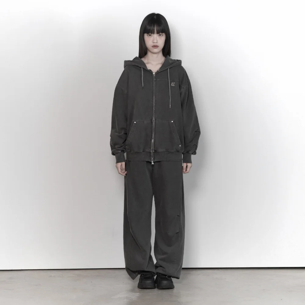 Soft Heavy Angel Washing Over-fit Hood Zip-up (Charcoal )