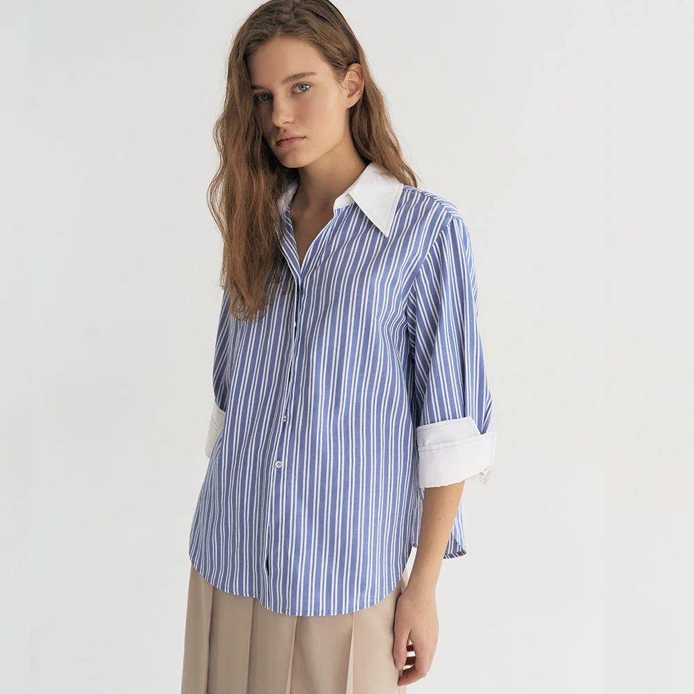 Collar Block Stripe Stitch Shirt (Blue)