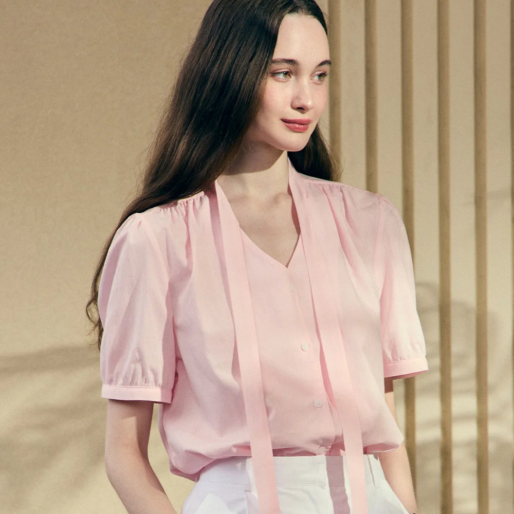 Tie Collar Shirring Half Sleeve Blouse - Pink
