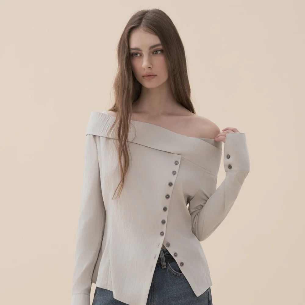 Asymmetric 2-Way Off-Shoulder Tie Blouse - Light Khaki