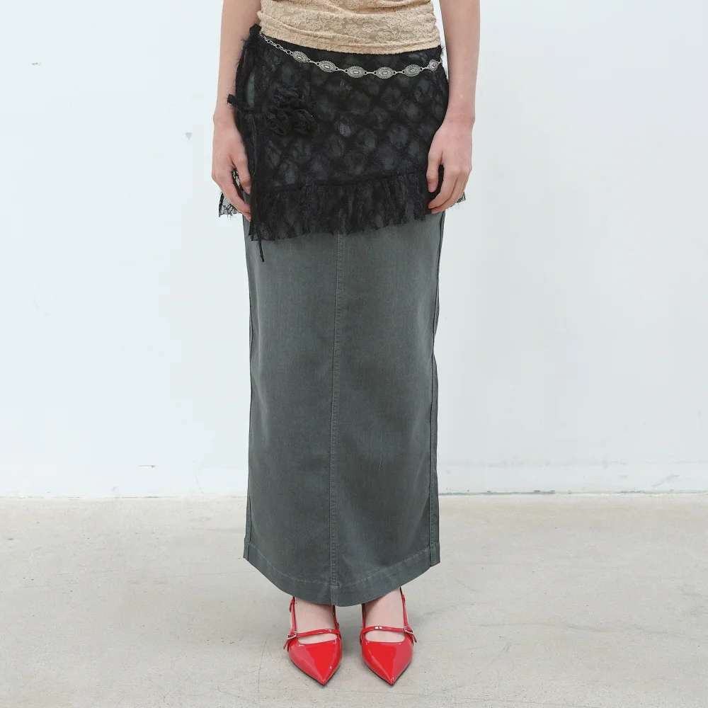 FLOWER LACE LAYERED SKIRT - BLACK