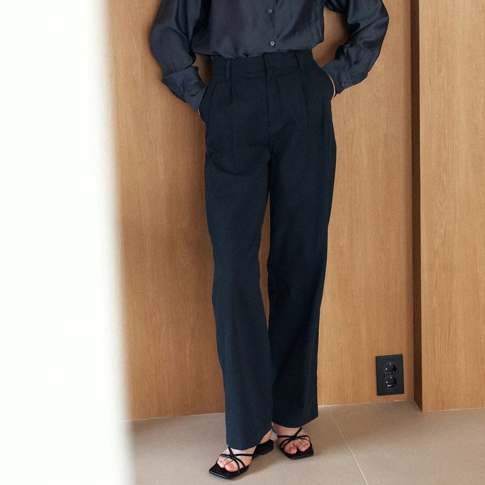 TUCKED COTTON PANTS_NAVY