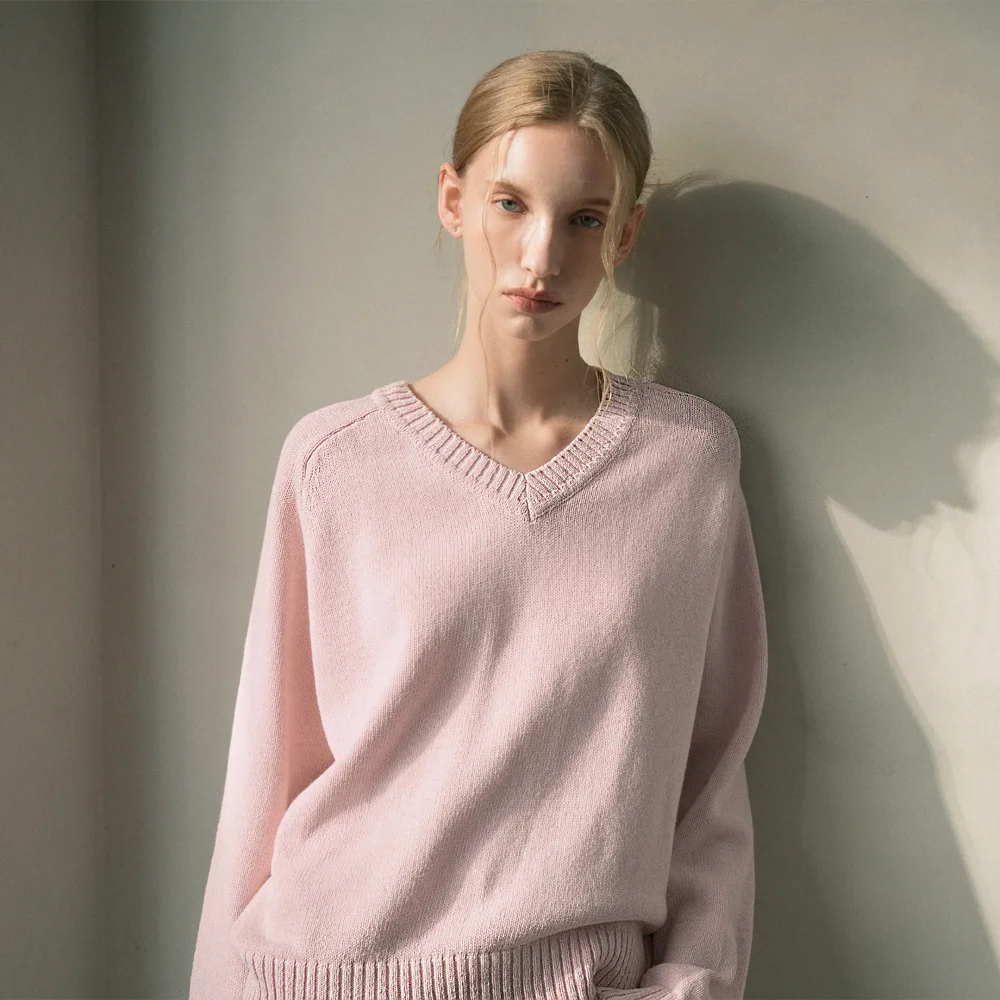 Cotton 100% V-neck Knit (pink)