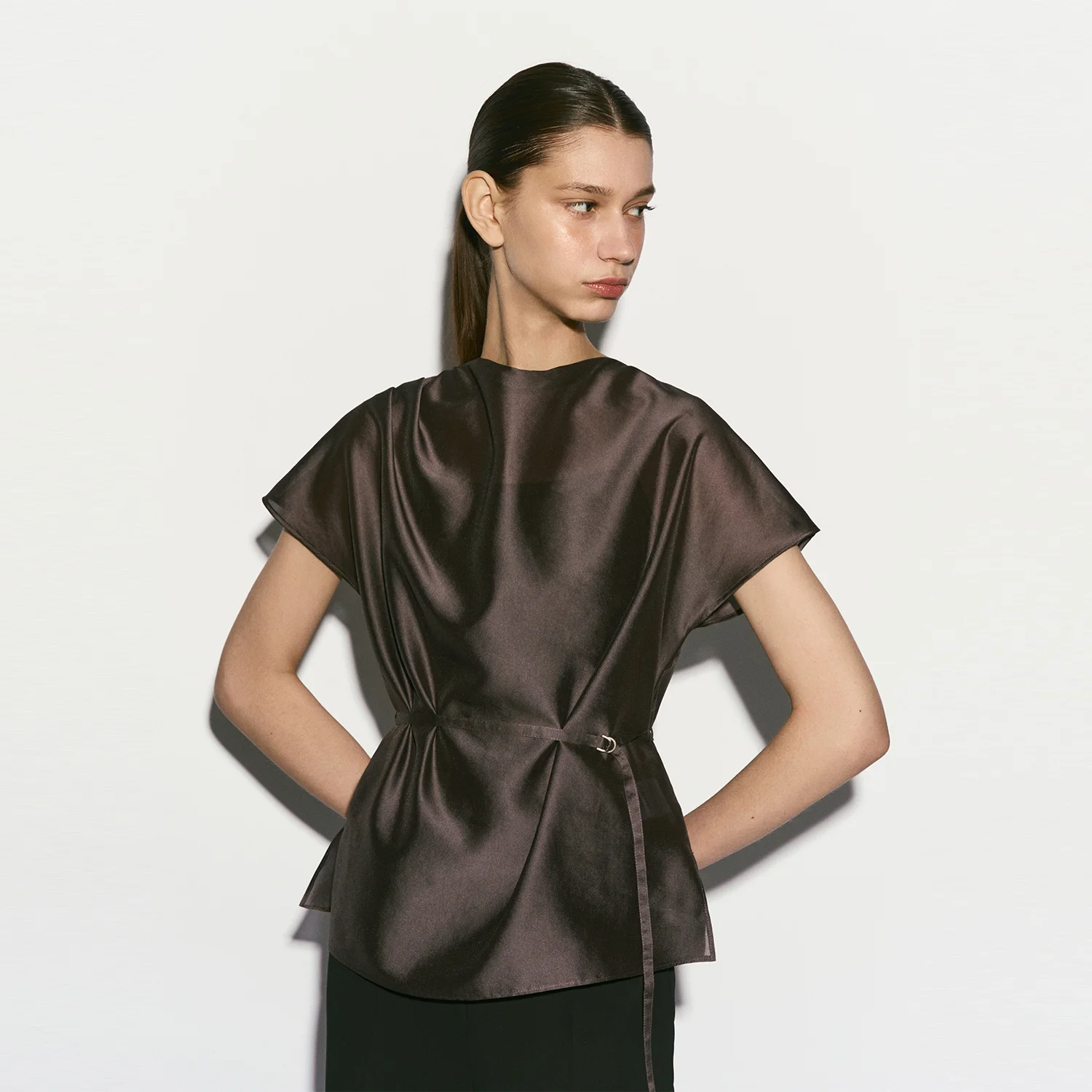 SHEER BELTED BLOUSE COCOA BROWN