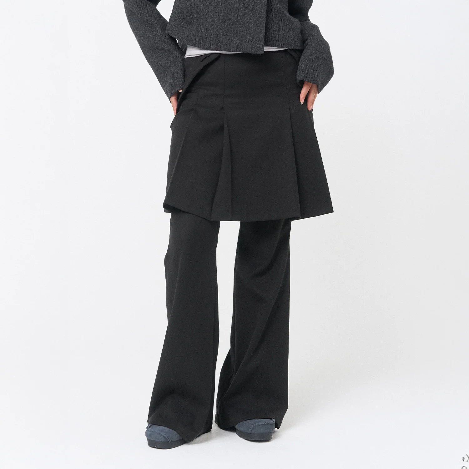 Pleats midi skirt pants SET BLACK