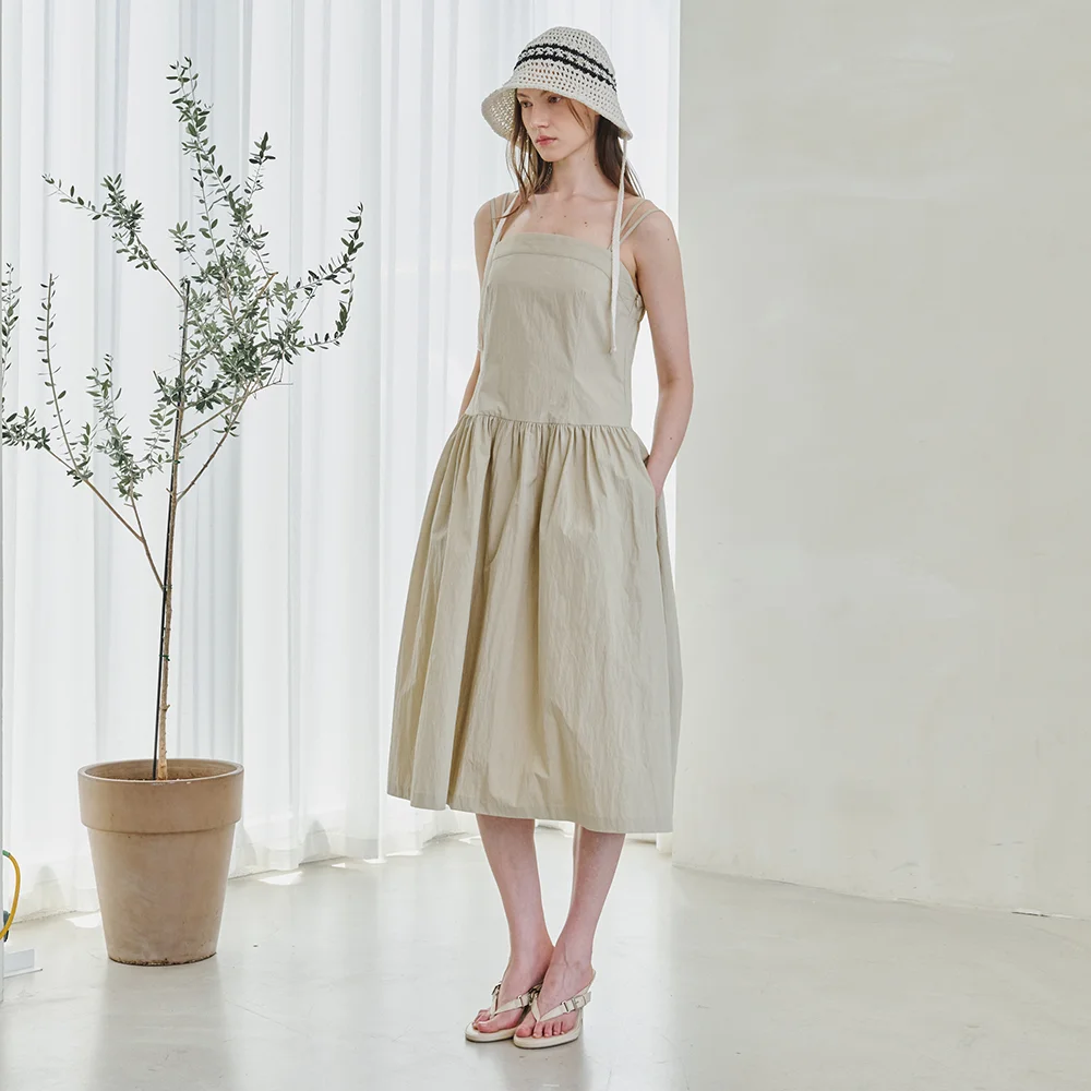 Bustier Low Waist Shirring Dress - Beige