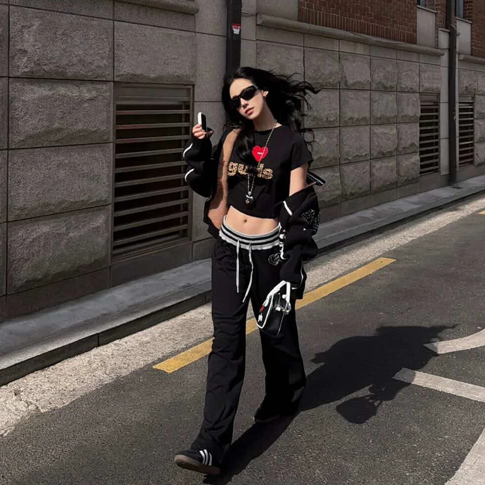 CONTRAST RIB WAIST SWEAT PANTS BLACK