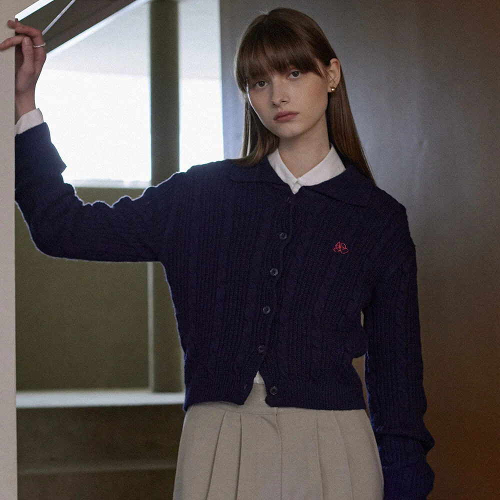 Point AD embroidery twist cardigan - navy