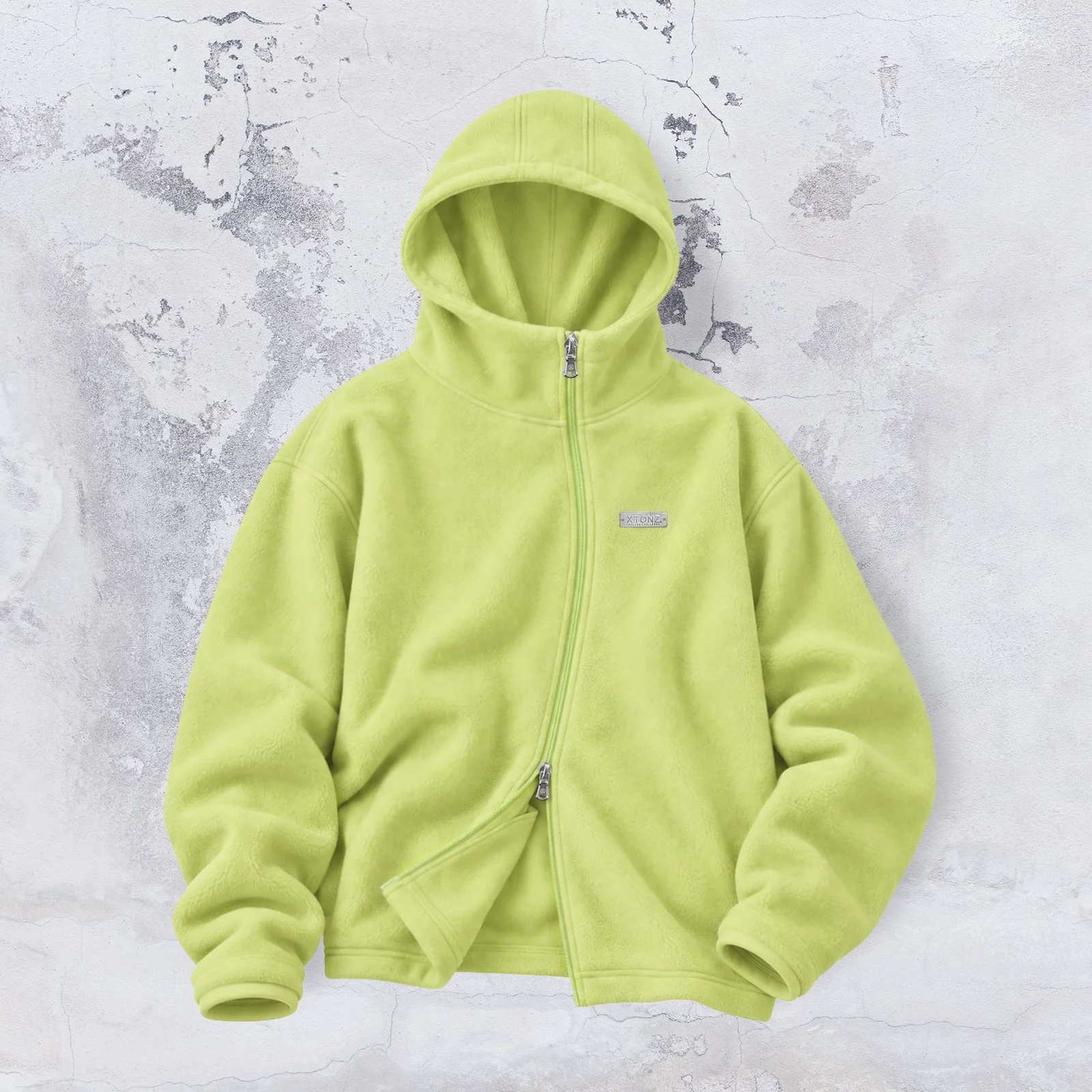 XJ148 弧形 拉鏈 淺 搖粒絨 連帽衫 拉鏈 (LIME)