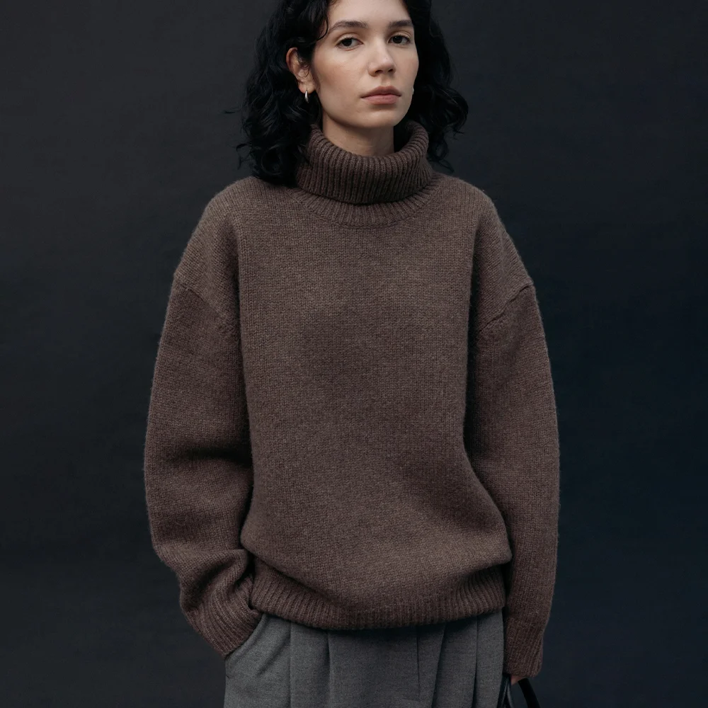 Merino Wool Roll Neck Knit (Melange Brown)