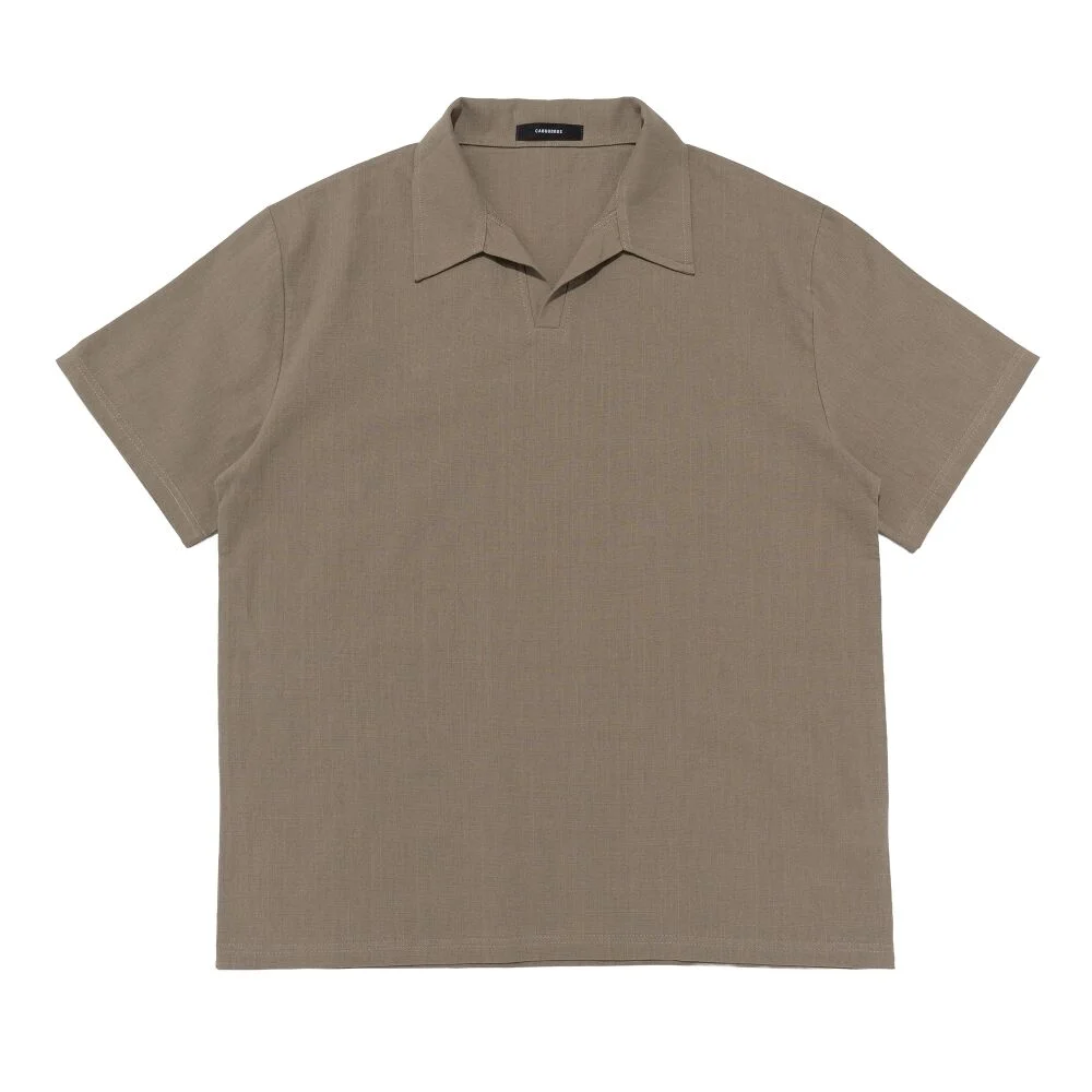 LINEN LIKE OPEN COLLAR SHORT SLEEVE SHIRT (KHAKI)