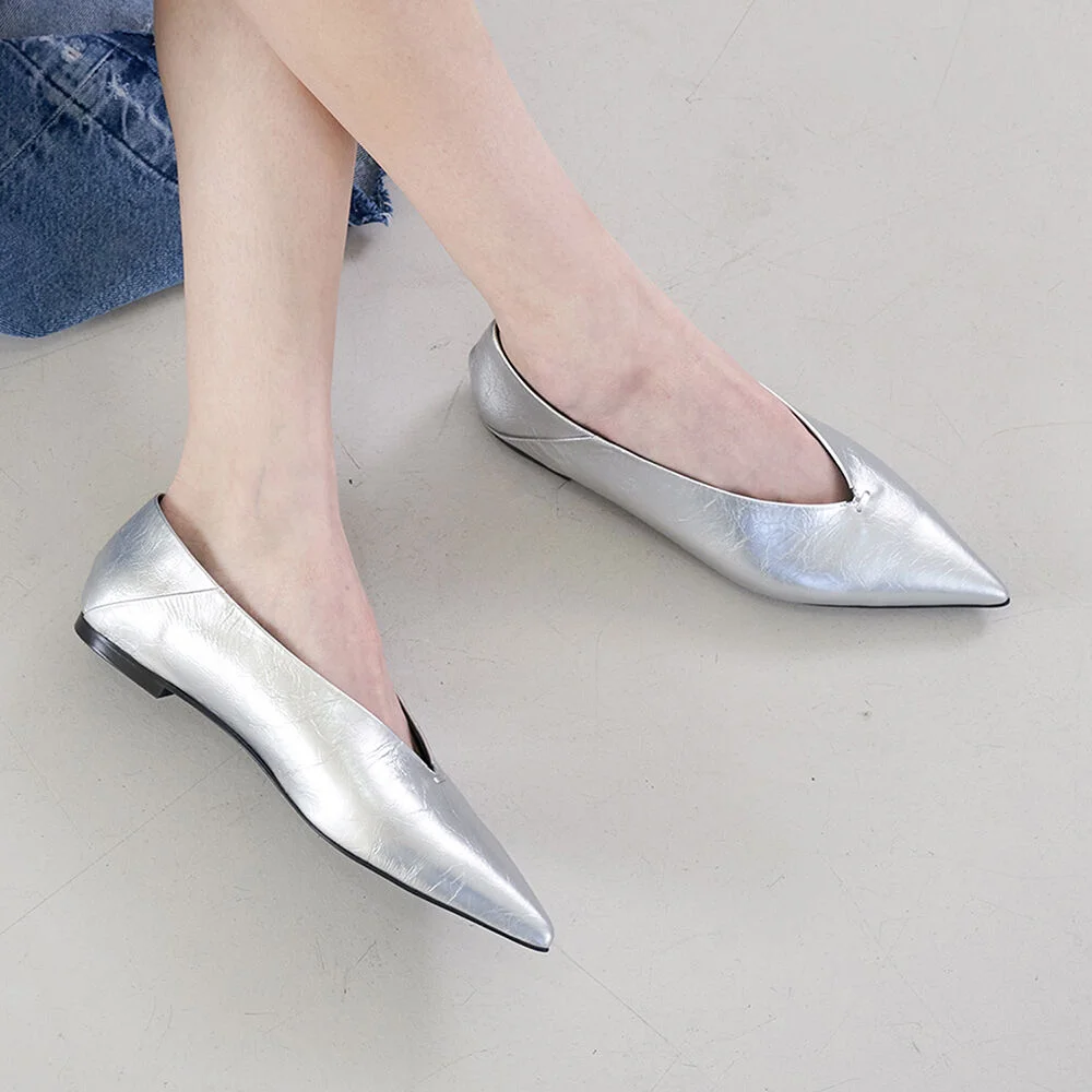 Inès Flat Leather Silver