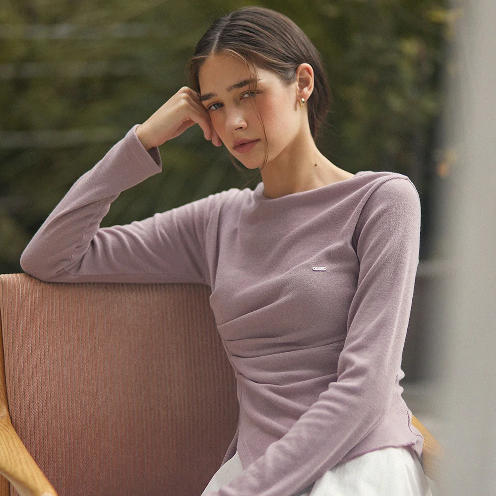 Unbalance shirring slit t shirts - vintage pink