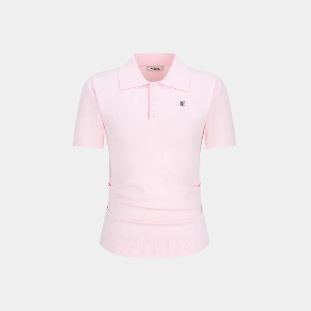 (W) SIDE TUCK KNIT POLO TOP - LIGHT PINK