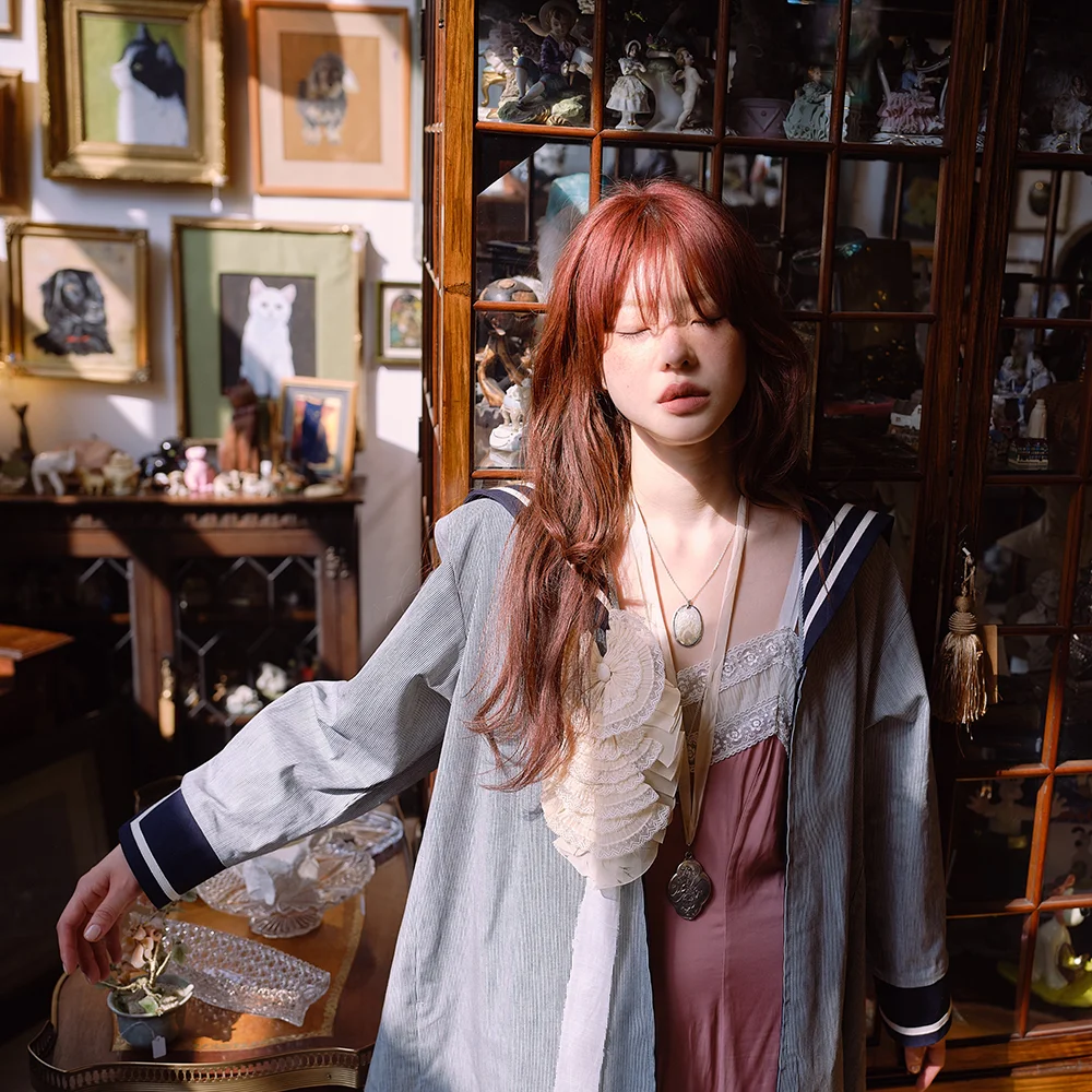 2次 silk strap sailor jacket in stripe