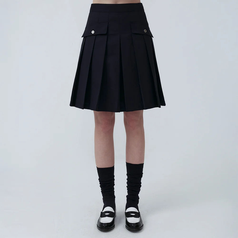 Button Pocket Pleated Skirt (Dark Navy)