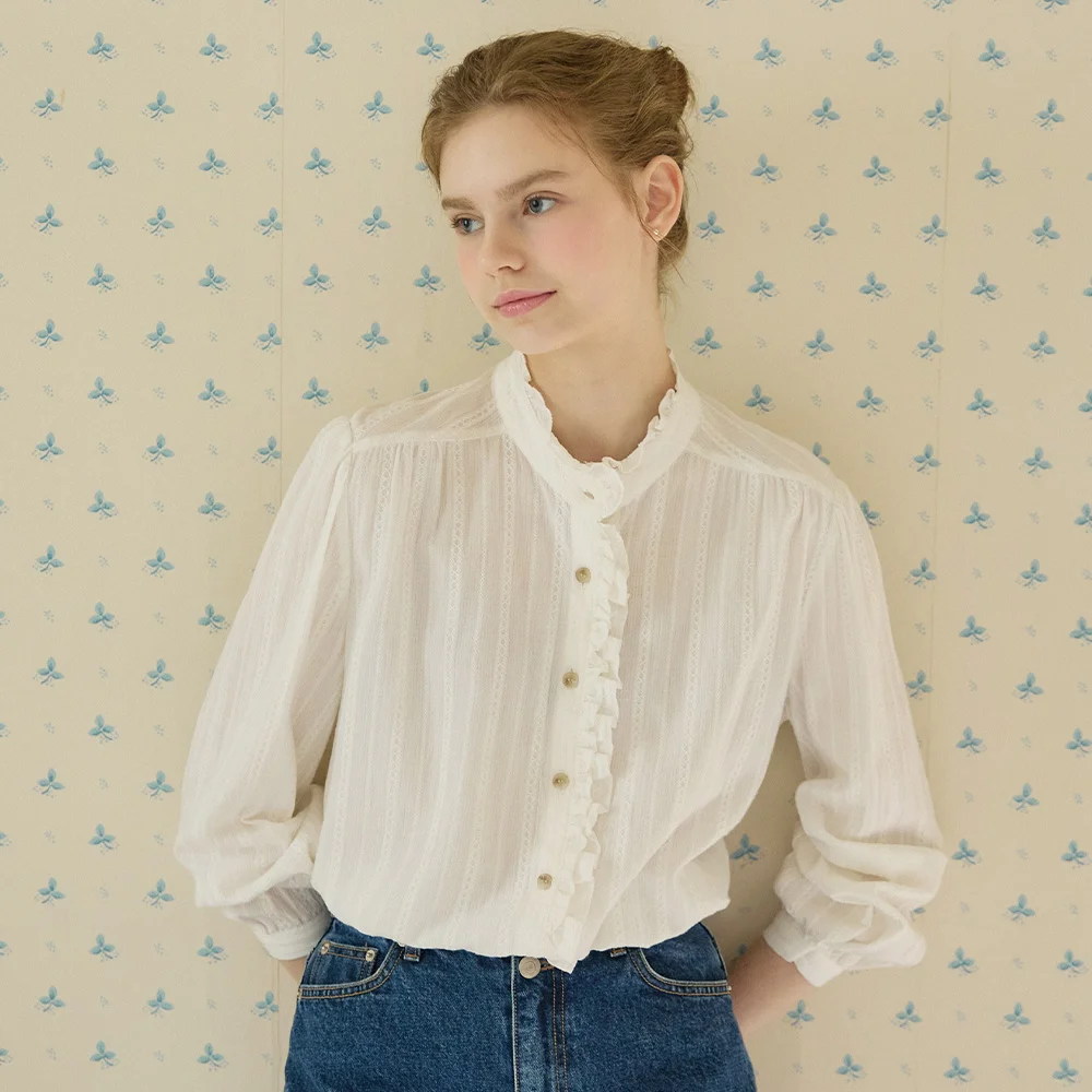 Textured Double Frill Blouse - White