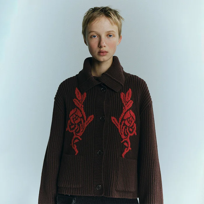 MARINE COLLAR JACQUARD CARDIGAN - BROWN