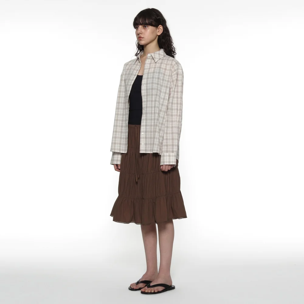 PWC LACE TRIM TIERED MIDI SKIRT_BROWN