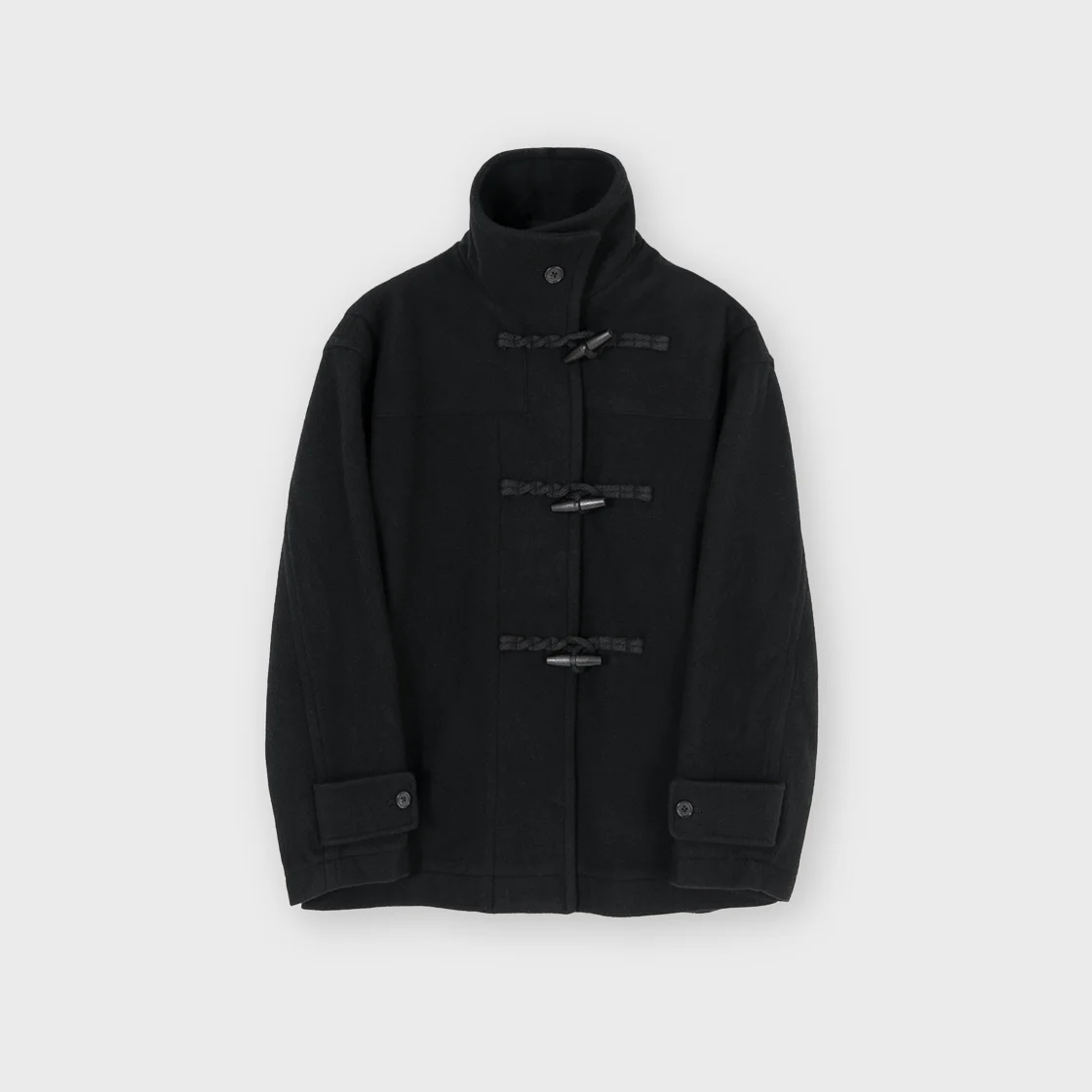 W Pure Wool Stand Collar Duffle Coat, Black