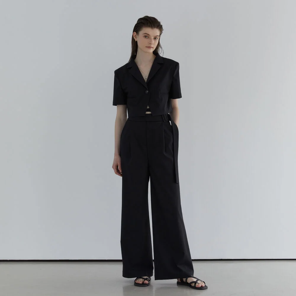 BELT POINT SUMMER WOOL WIDE PANTS - BLACK