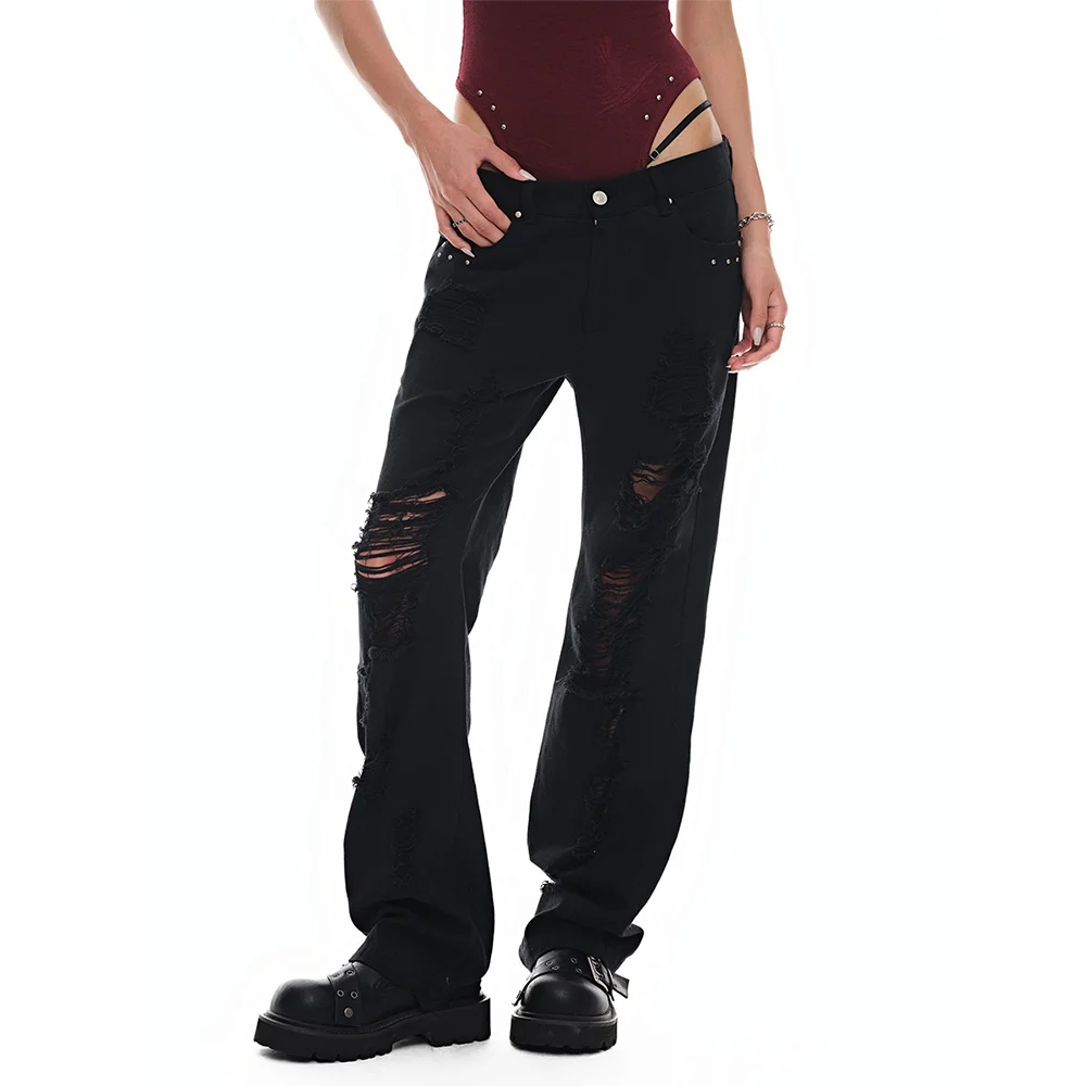 破壞加工 低筒 半 修身 褲子_黑色 Destroyed Low-Rise Semi-Slim Pants_Black