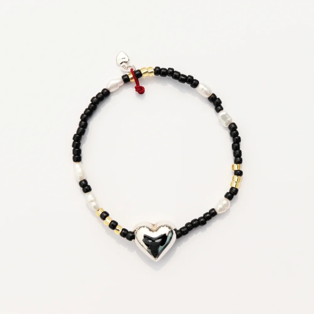 Silver heart pearl and beads Bracelet 925銀色 圓潤 心形 淡水珍珠 串珠 鬆緊帶 手鏈