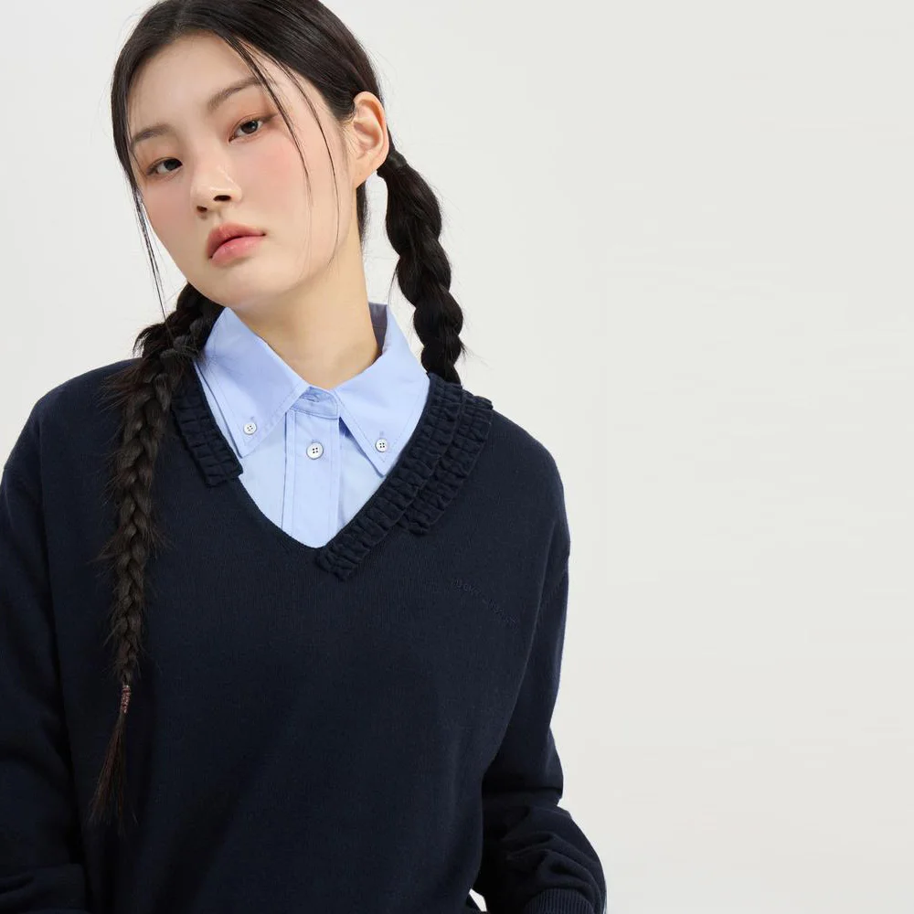 V Neck Frill Knit Pullover (dark navy) LFWAM26320NYD