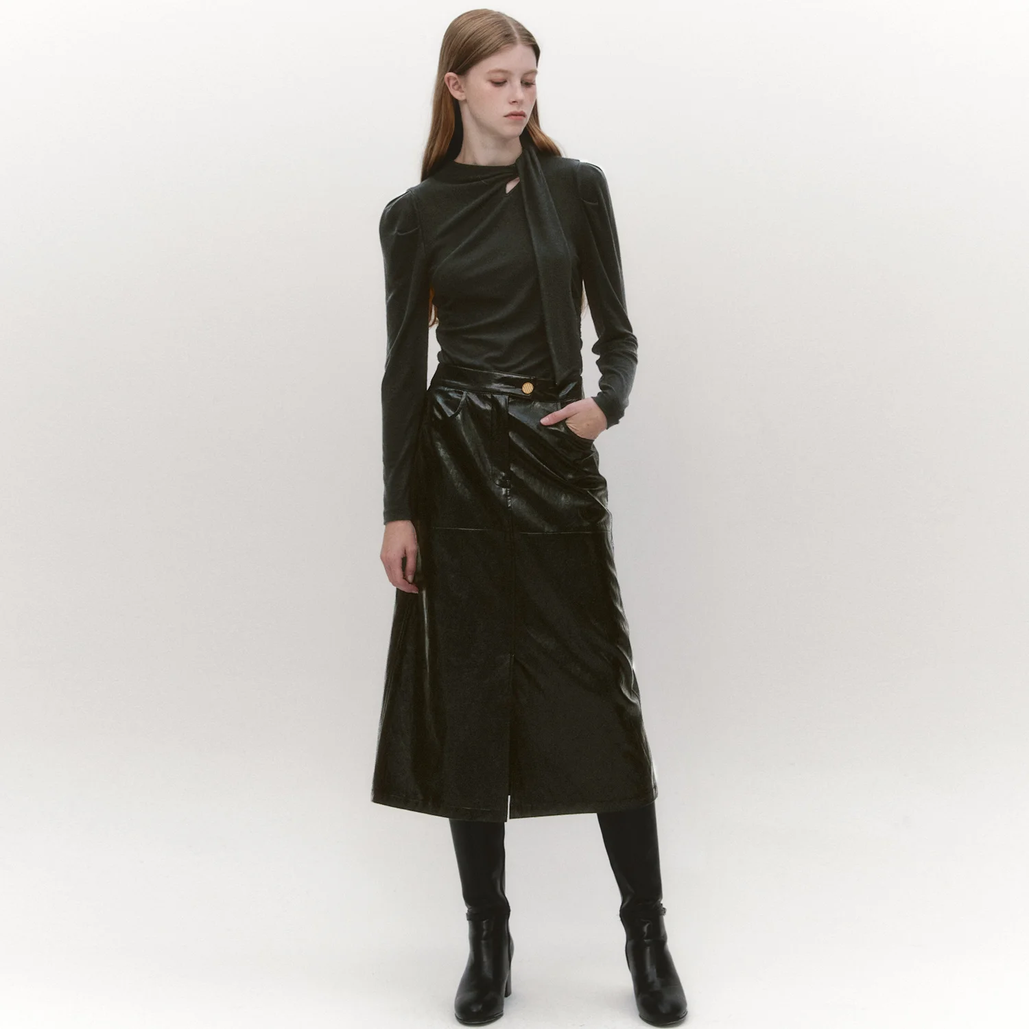Slit Front Faux Leather Skirt BLACK