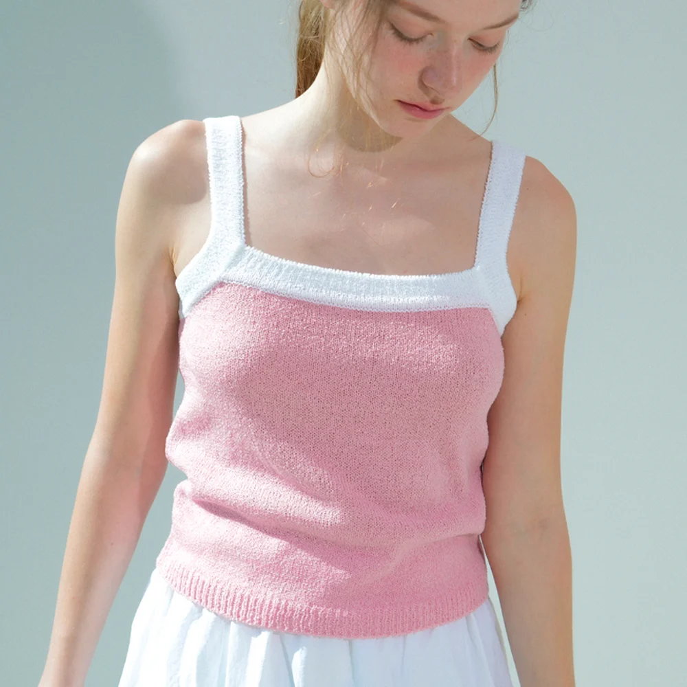 Summer Square Color Matching Knit Sleeveless (Pink)