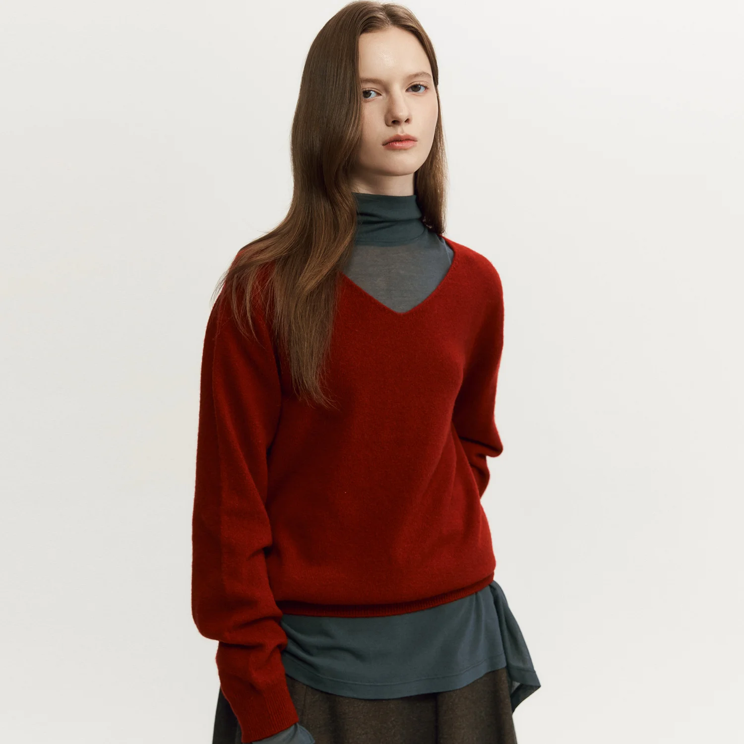 100% Wool Wholegarment V-neck Knit Pullover RED