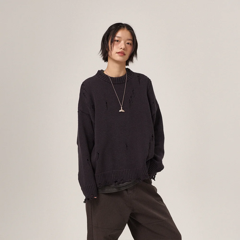 Ripsy Vintage Damaged Round Knit Dark Navy
