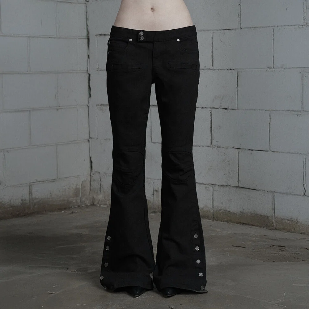 Double Knee Side Button Bootcut Denim Pants (Black)