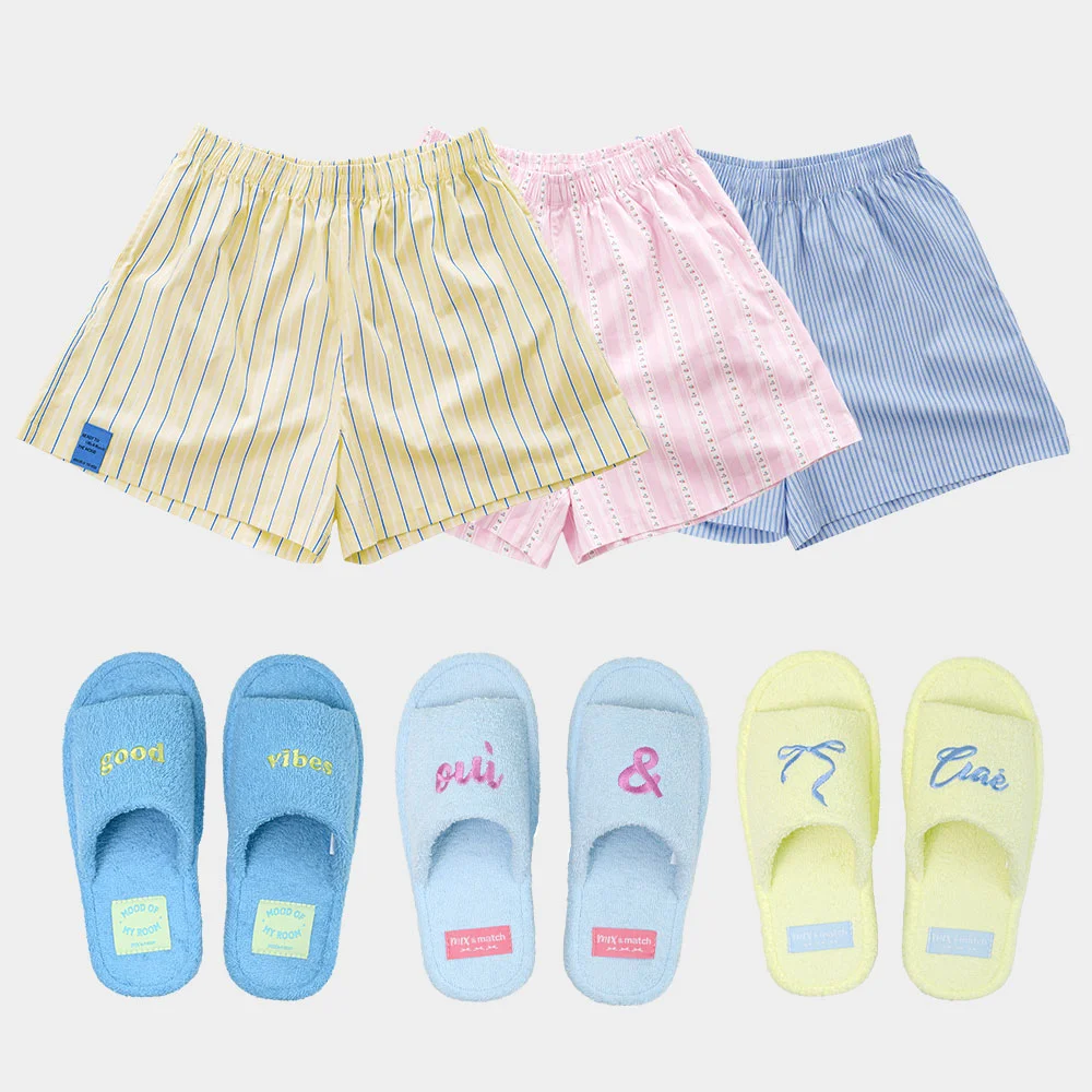 條紋 四角短褲+露趾 毛圈布 拖鞋 家居服SET