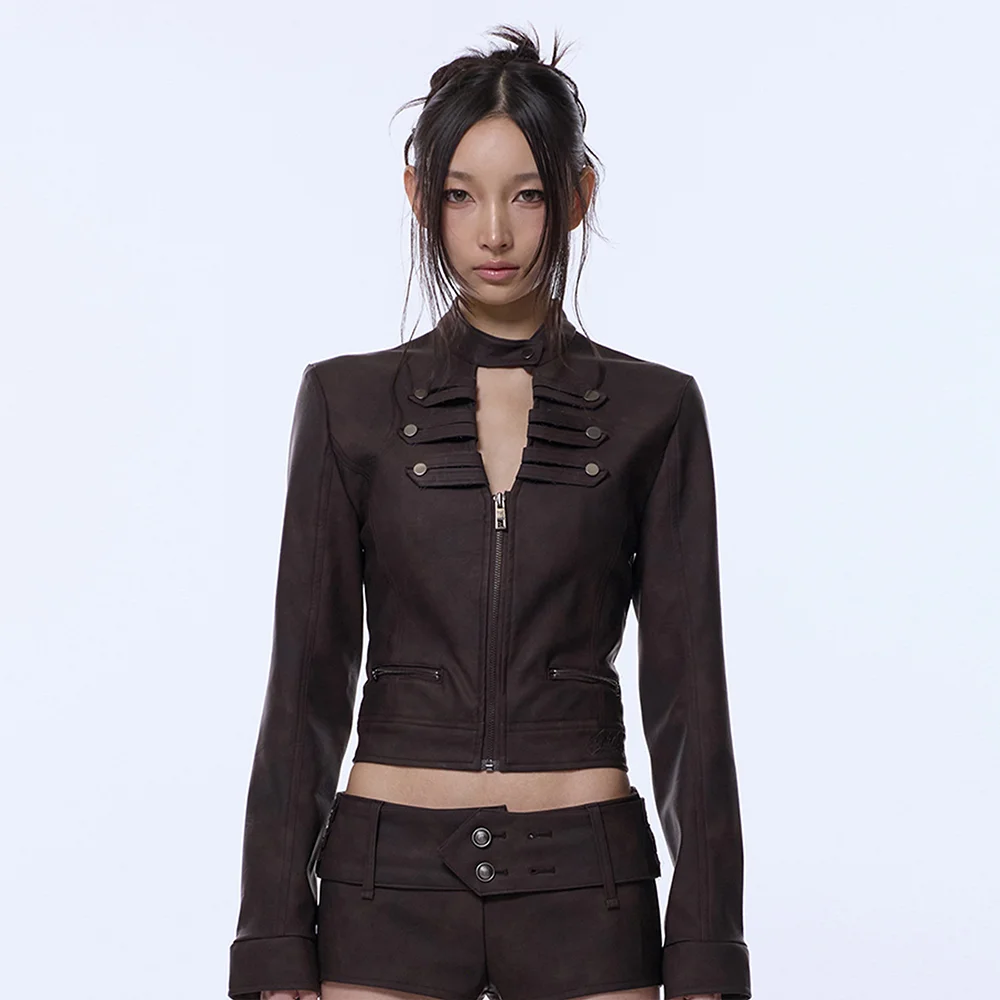 CHOKER NAPOLEON CROP LEATHER JACKET_BROWN