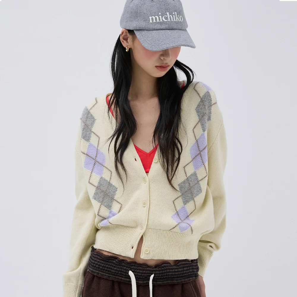 Argyle Merino Wool Cardigan Oat cream