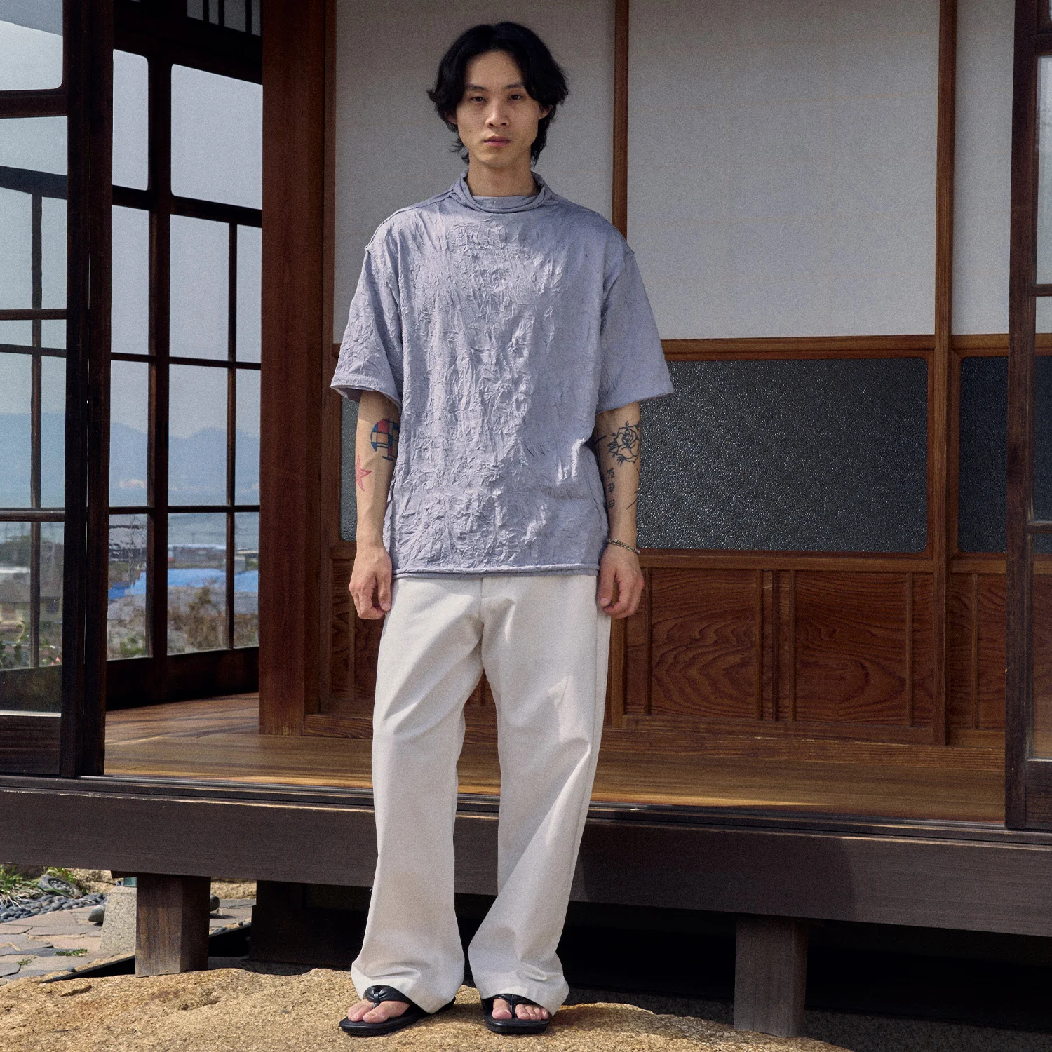 Creased Mock-neck H/S T-shirt - Light Grey