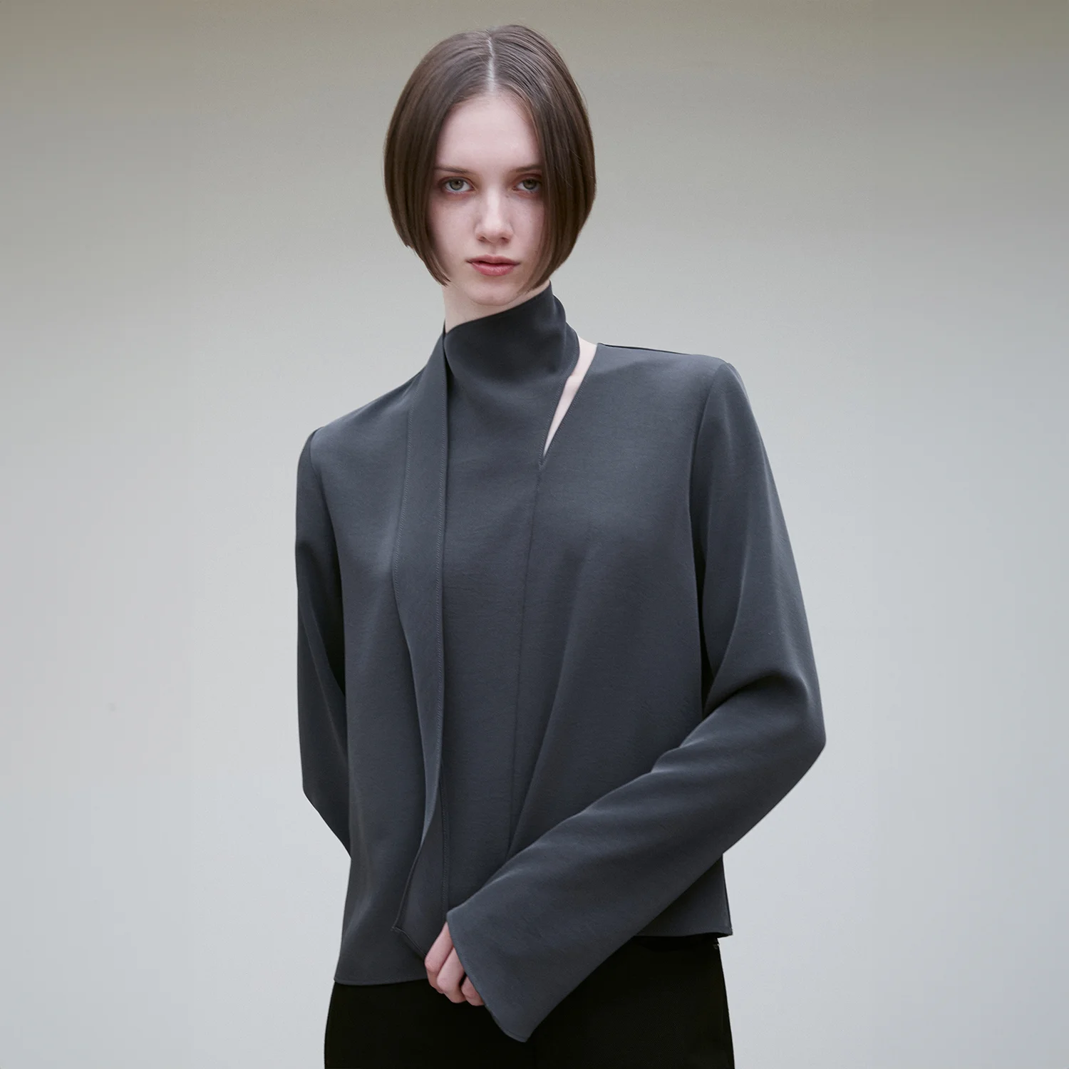 SCARF DETAIL BELL-SLEEVE BLOUSE CHARCOAL