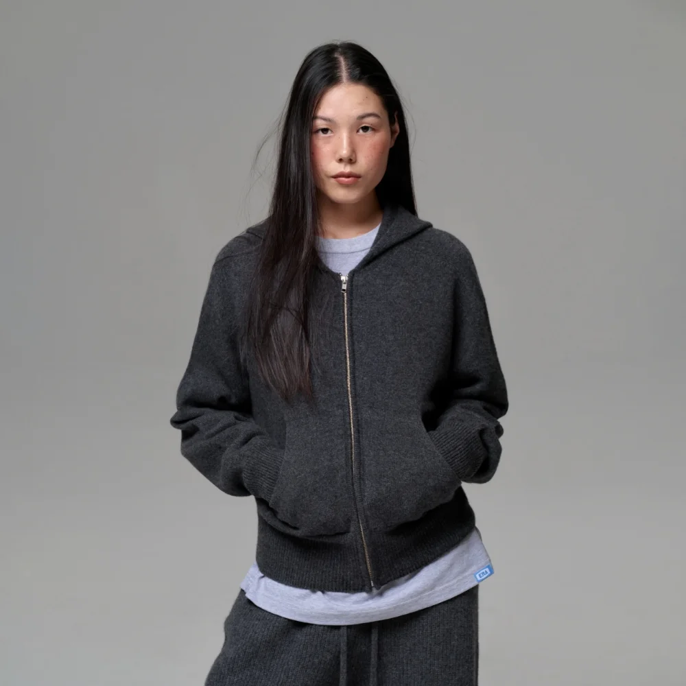 WOMEN CASHMERE BLEND ZIP KNIT HOODIE - CHARCOAL GRAY