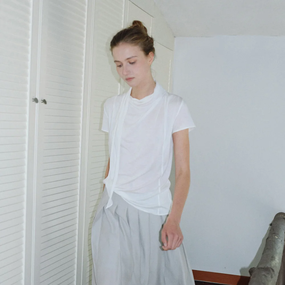 SHEER TIE NECK T-SHIRTS_IVORY