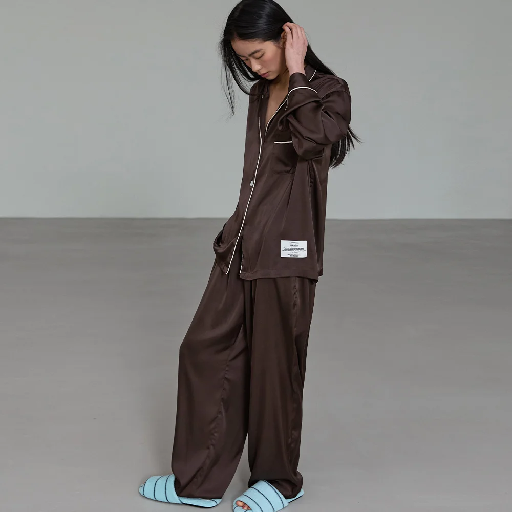 Glossy Silky Pajama Set Brown