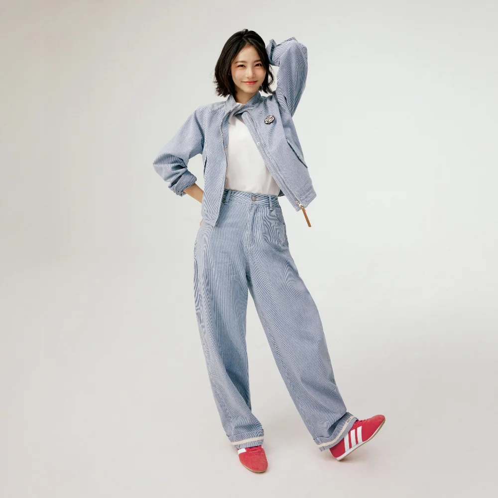 條紋 牛仔 捲袖 褲子 淺 藍色
