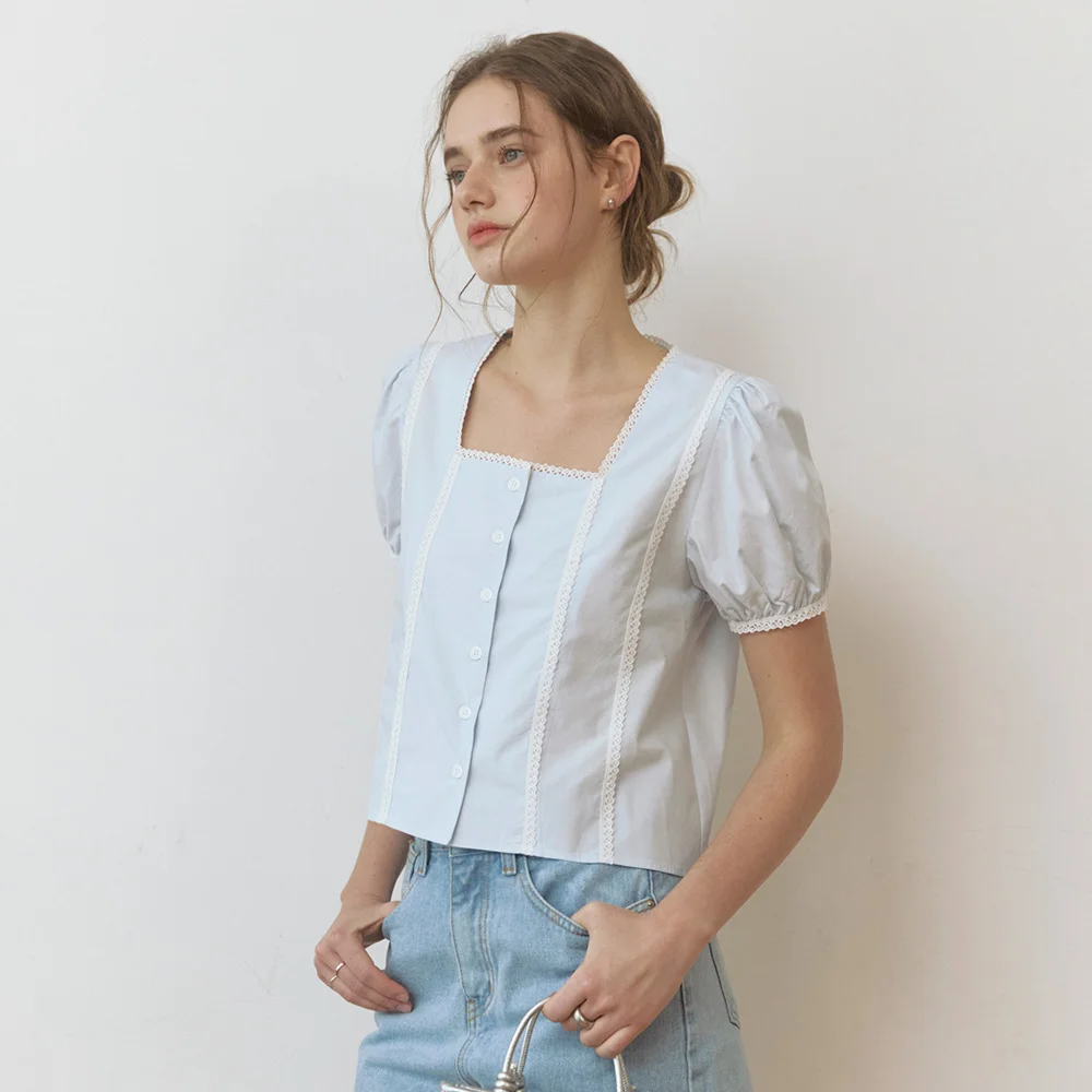 Lace point puff square neck blouse - skyblue