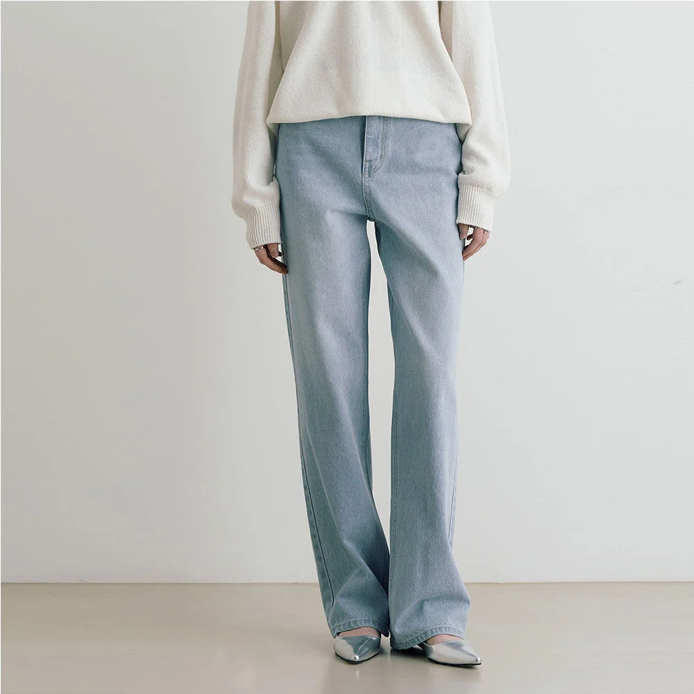 Leather label washing wide denim pants - light blue