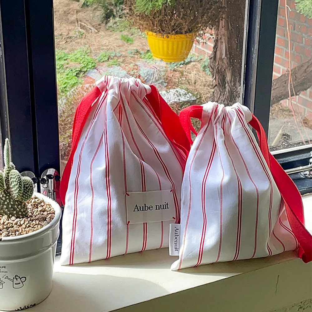 Obnuit 法式 條紋 束繩 化妝袋 袋 (Book Pouch) 2 Size_紅色