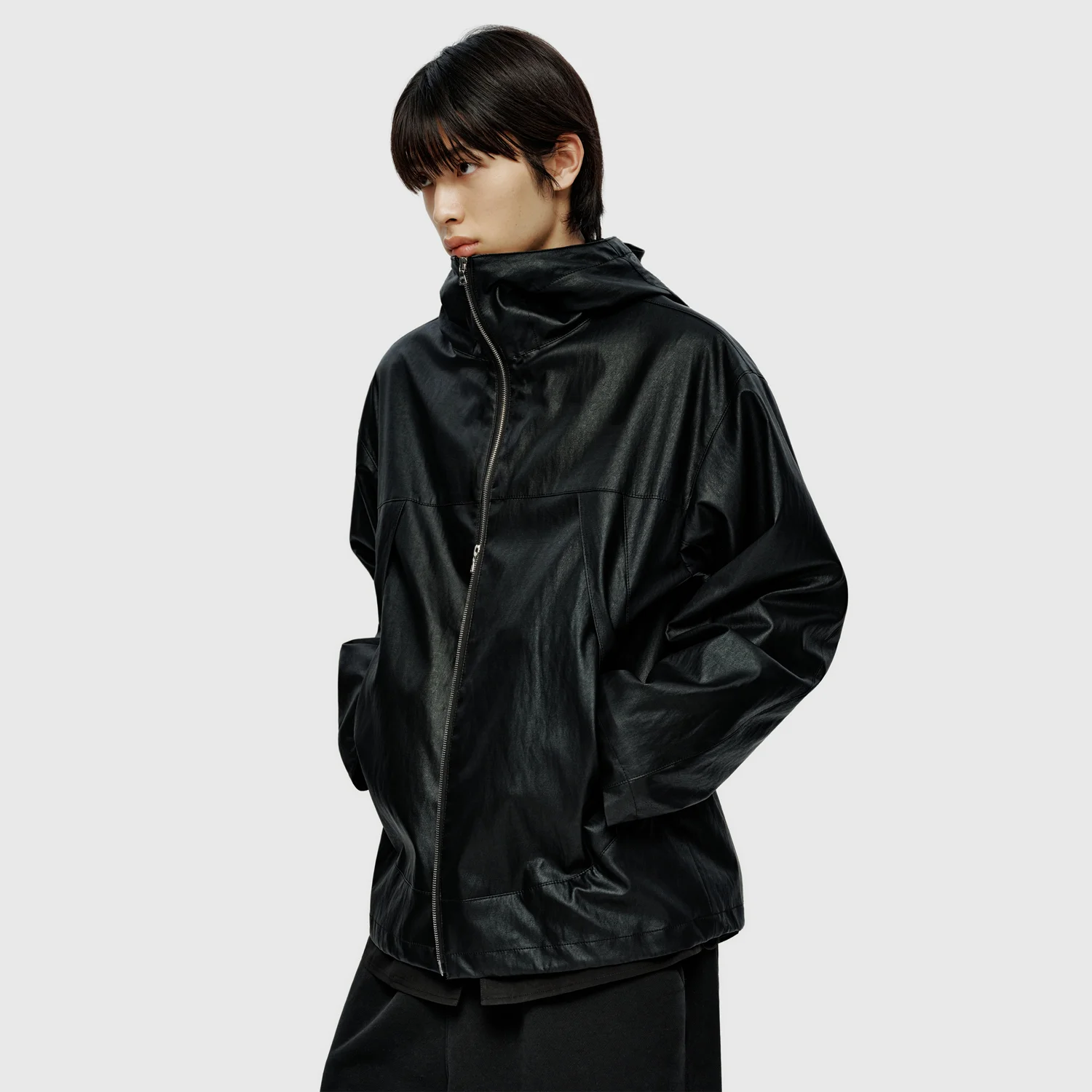 Faux Leather Windbreaker Jacket - Black