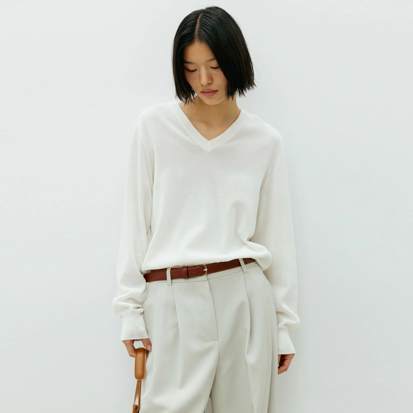 Wholegarment Cotton V-Neck Knit(Ivory)